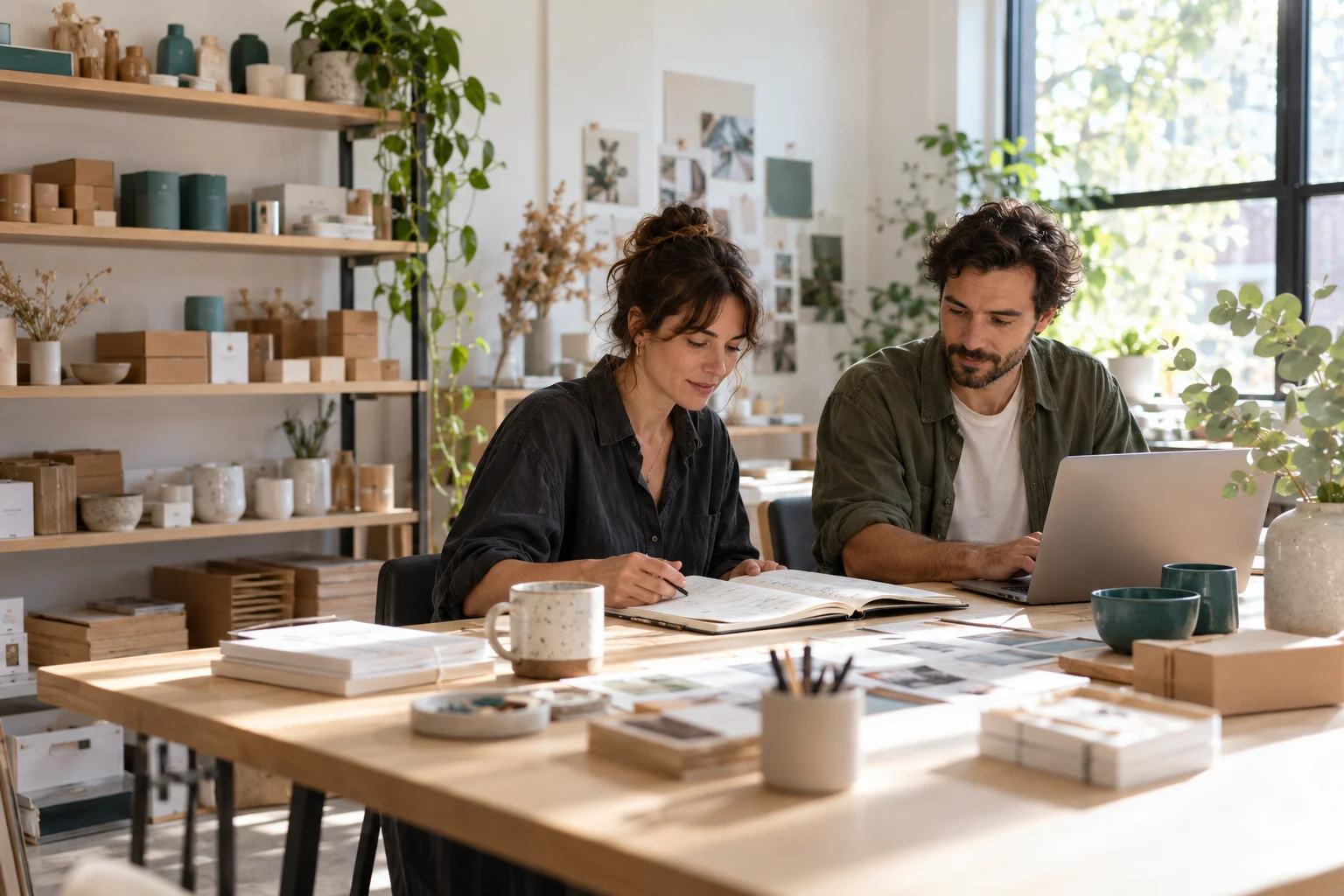 Two people working together in a sunlit small-business studio